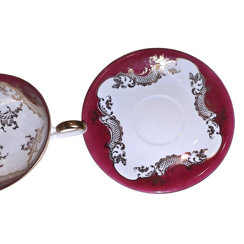 Vintage Tea Cup & Saucer Bareuther Bavaria Porcelain Red & Gold - Picture 7 of 10